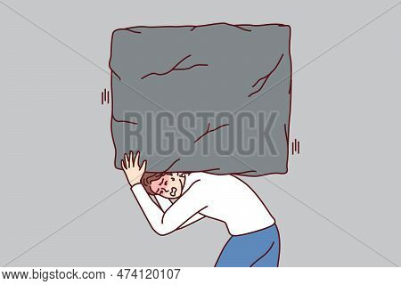 Suffering Man Carries Heavy Stone On Back, Symbolizing Heavy Tax Burden And Overly Ambitious Task. C