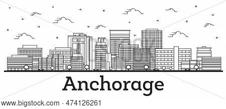 Outline Anchorage Alaska City Skyline With Modern Buildings Isolated On White. Vector Illustration. 