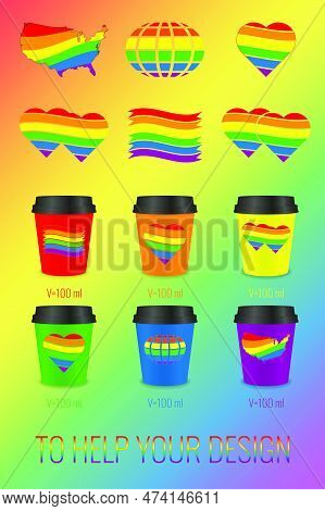 Set Of Vector Illustrations Of 100ml Single Layer Paper Cups With Lgbt Logos. Rainbow Icon Set. Help