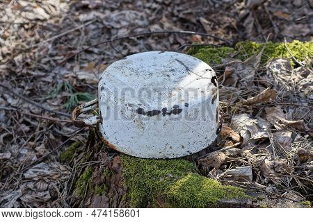 One Old Dirty White Enamel Pan In Rust Stands On A Stump In Green Moss In Nature