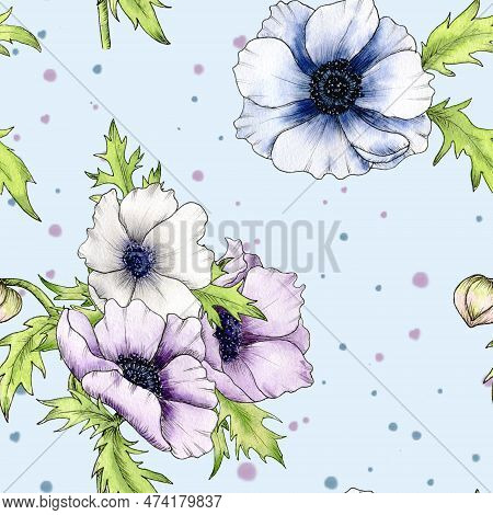 Anemone Background. Watercolor Seamless Pattern With Anemone Flowers. A Bouquet Of Anemones. Design 