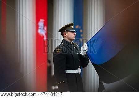 Vilnius, Lithuania - February 16, 2023: Ceremony Of Hoisting The Flags Of The Three Baltic States Du