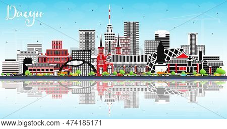 Daegu South Korea City Skyline With Color Buildings, Blue Sky And Reflections. Vector Illustration. 
