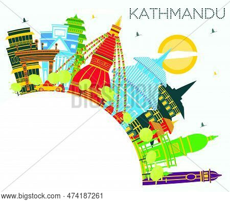 Kathmandu Nepal City Skyline With Color Buildings, Blue Sky And Copy Space. Vector Illustration. Bus