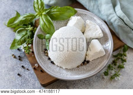 Vegetarian Healthy Diet, Fermentation Food Concept. Homemade Whey Ricotta Cheese Or Cottage Cheese W