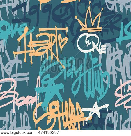 Urban Typography Seamless Pattern With Street Art Graffiti Slogan Print. Abstract Graphic Undergroun