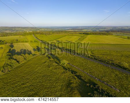 Black Carts Turret Aerial View On Hadrian\'s Wall Ruin Near Village Of Chollerford In Town Of Hexham