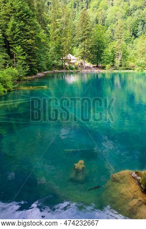 Underwater Statue Of Young Girl In Blausee Lake (blue Lake) In Bernese Oberland, Kandergrund, Switze