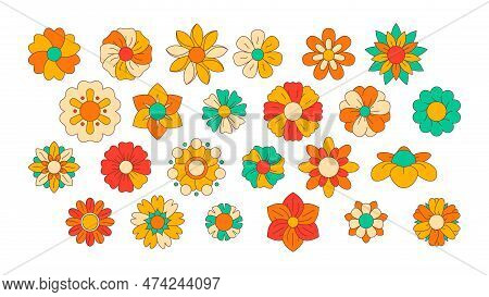 Linear Hippie Flowers. Doodle Groovy Flower Icons, Sixties Flower Power Symbols, Abstract Outline Co