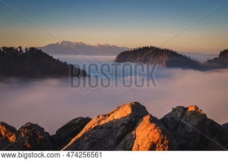 Fabulous Colorful Autumn Landscape. Magical Morning In The Polish Mountains. Photo Taken On Top Of S