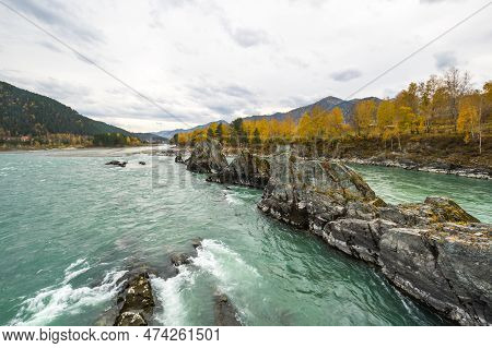 View Of River Katun And Altay Mountains In The Autumn, Siberia, Russia
