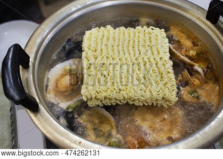 Local Traditional Korean Gourmet Food Ramyun Noodle Seafood Soup For Korean People And Foreign Trave