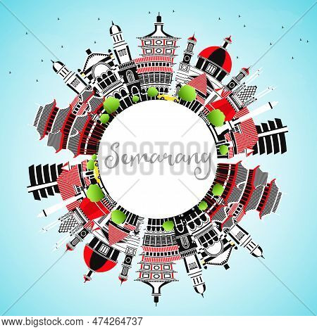 Semarang Indonesia City Skyline With Color Buildings, Blue Sky And Copy Space. Vector Illustration. 