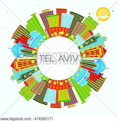 Tel Aviv Israel City Skyline With Color Buildings, Blue Sky And Copy Space. Vector Illustration. Bus