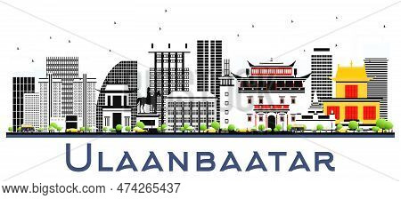 Ulaanbaatar Mongolia City Skyline With Color Buildings Isolated On White. Vector Illustration. Busin