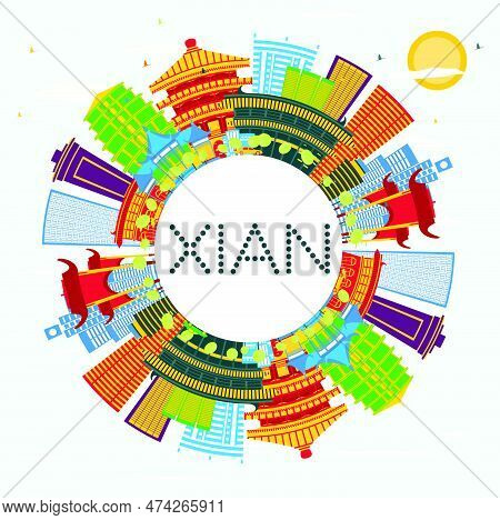 Xian China Skyline With Color Buildings, Blue Sky And Copy Space. Vector Illustration. Business Trav