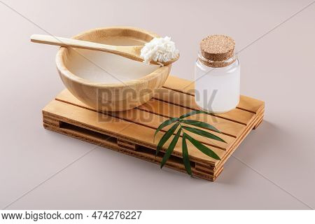 Homemade Cosmetic Rice Water With Ingredients And Beauty Kit On Beige Background, Healthy Beauty Tre
