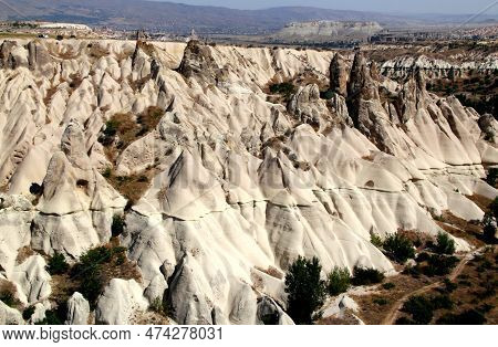 A Gorge With White Mushroom-like Mountains In The White Valley Of Baglidere Near Towns Goreme And Uc