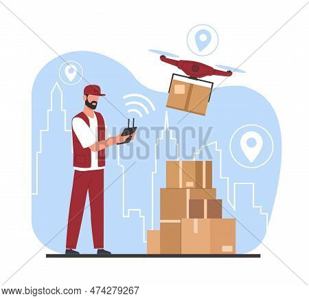 Man Controls Drone Delivery By Remote Control. Quadcopter Carrying A Package To Customer. Modern Tec