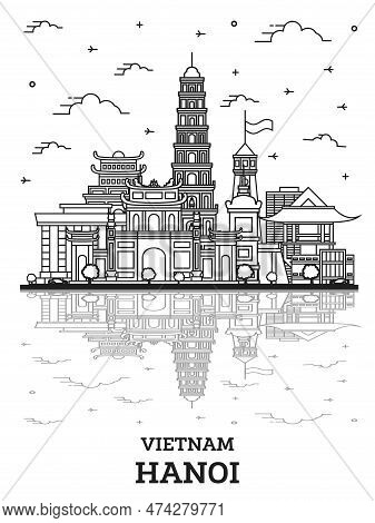 Outline Hanoi Vietnam City Skyline With Modern Buildings And Reflections Isolated On White. Vector I