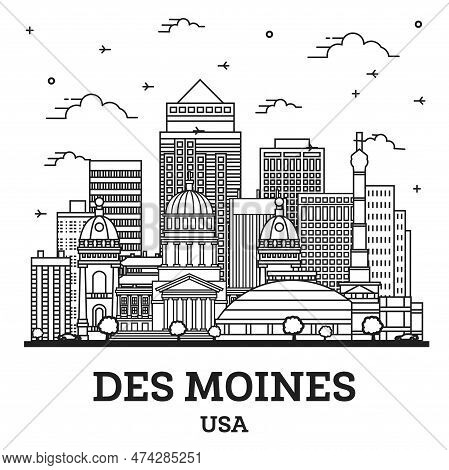 Outline Des Moines Iowa City Skyline With Modern Buildings Isolated On White. Vector Illustration. D