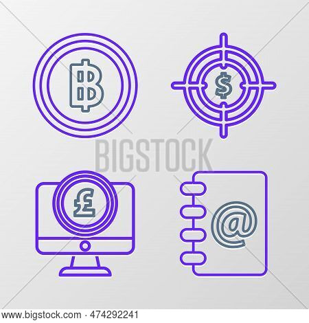 Set Line Address Book, Computer Monitor With Pound Sterling Symbol, Target Dollar And Cryptocurrency