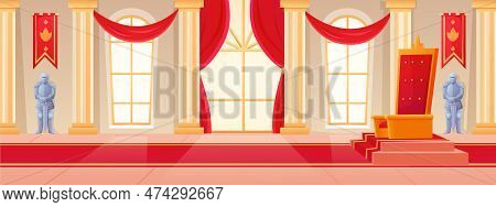 Royal Kingdom. Ballroom Interior Walls. Kings Or Queen Throne. Red Carpet And Window Curtains. Medie