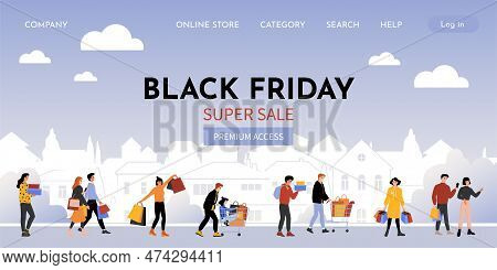 Online Shopping Landing Page. Black Friday. Season Sale. Customers Walk With Shop Bags. People Makin