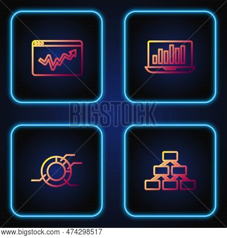 Set Line Hierarchy Organogram, Pie Chart Infographic, Graph And Laptop With. Gradient Color Icons. V