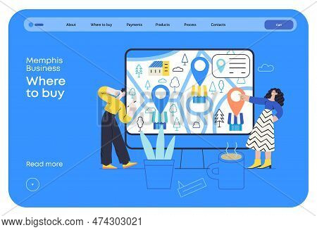 Memphis Business Illustration. Where To Buy -modern Flat Vector Concept Illustration Of People Looki