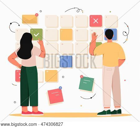 Booking Date Concept. Man And Woman Hang Multicolored Sheets Of Paper On Board, Mark Dates On Calend