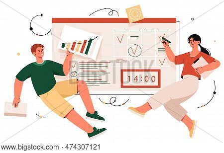 Organization Of Time. Man And Woman Next To Calendar. Effective Workflow, Time Management And Deadli
