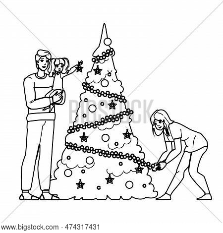 Decorate Christmass Tree Vector. Celebration Holiday, Decoration Happy, Winter Merry, Festive Red De