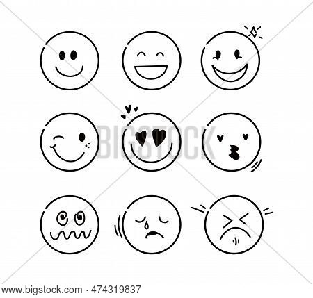 Doodle Emoji Face Line Icon Set. Comic Faces With Different Emotion Expressions, Smile, Happy, In Lo