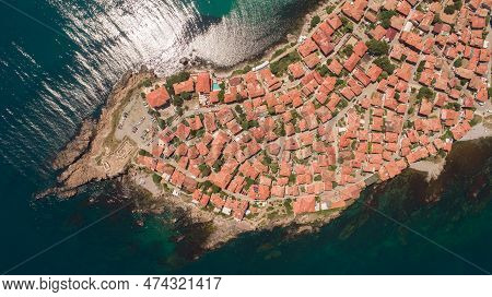 Top Down View Of The Old Town Of Sozopol. Sozopol Is An Ancient Seaside Town Near Burgas, Bulgaria