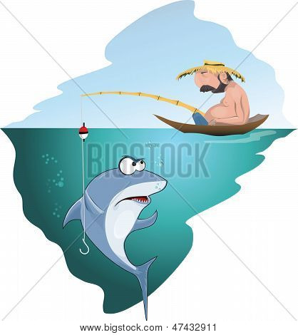 Sovende fisker fanger en fisk.