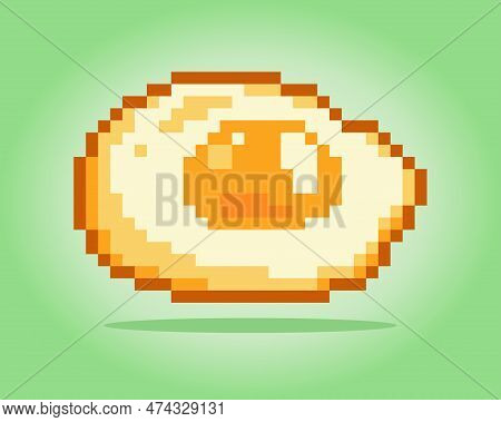 8 Bit Pixel Egg Yolk Image. Food In Illustration Of Vector Art Of Pixels. Eggs For Game Assets