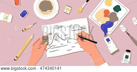 Painter Drawing Picture. Top View Of Womans Hands Drawing Sketch With Pencil On White Sheet Of Paper