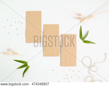 Craft Bags For Packaging Tea, Coffee, Sweets. Top View. Place For Text And Logo. Nateral Background.