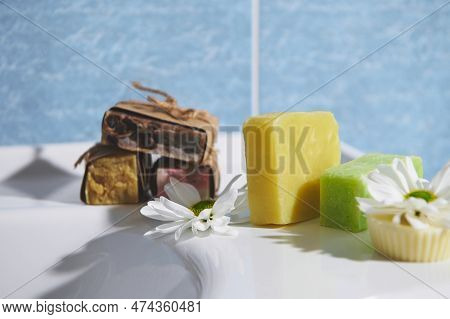 Still Life. Assortment Of Craft Organic Soap Bars With Herbal Ingredients And Essential Oils, For Pu