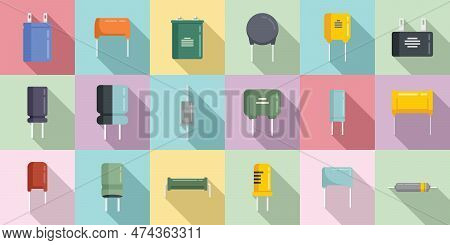 Capacitor Icons Set Flat . Polyester Ceramic Capacitor. Bipolar Condeser