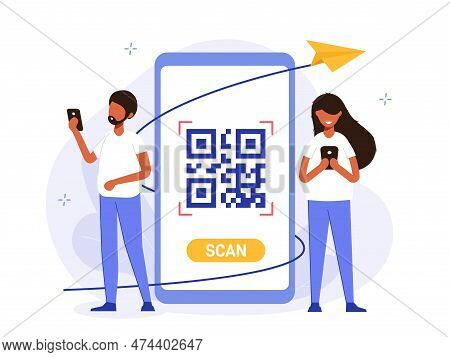 Qr Code Scaner Illustration Concept. Guy And A Girl Standing By A Big Phone, Scanning A Qr Code To F