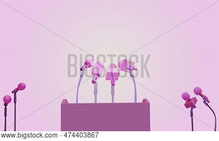 Vector Illustration In Pink Tones Depicting A Podium For Performances And Numerous Microphones For P