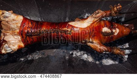 A Young Pig Is Roasted On A Spit Over Coals.