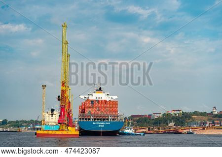 Manaus, Brazil - December 04, 2015: Maersk Bartolomeu Dias Cargo Ship In Port, Copy Space