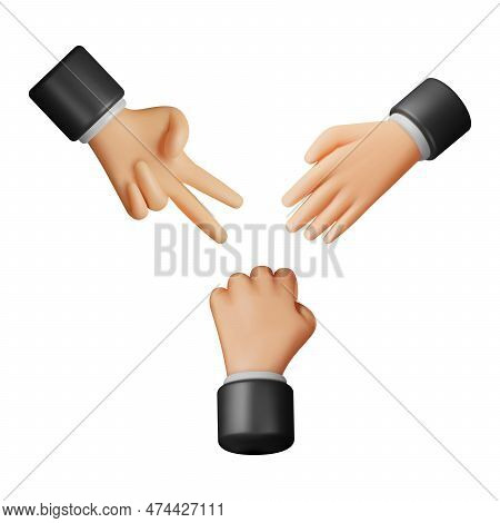 3d Rock Paper Scissors Game Isolated. Render Hand Gestures Set. Cartoon Fingers Play Rock Paper Scis