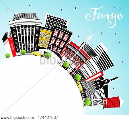 Fargo North Dakota City Skyline With Color Buildings, Blue Sky And Copy Space. Vector Illustration. 