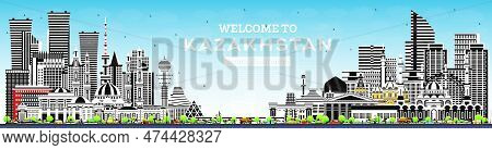 Welcome To Kazakhstan. City Skyline With Gray Buildings And Blue Sky. Vector Illustration. Concept W