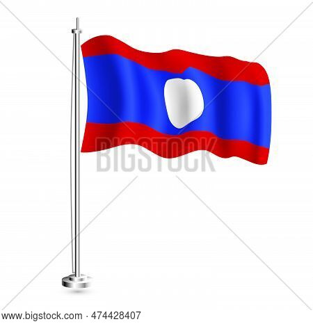Laotian Flag. Isolated Realistic Wave Flag Of Laos Country On Flagpole. Vector Illustration.