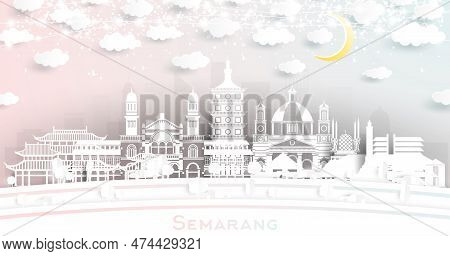 Semarang Indonesia City Skyline In Paper Cut Style With White Buildings, Moon And Neon Garland. Vect
